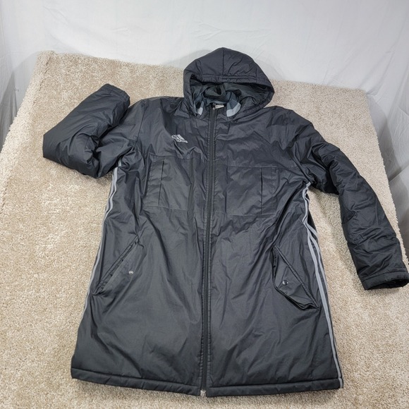 Adidas Mens Size XL Black Hooded Padded Parka Jacket Winter Coat Long - Picture 1 of 5